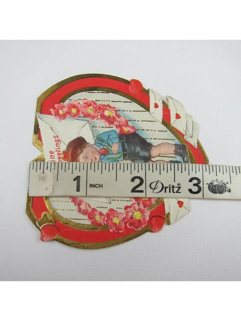 Vintage Valentine Card Die cut Boy Hat Red Rose Flowers Hearts Red Gold UNSIGNED